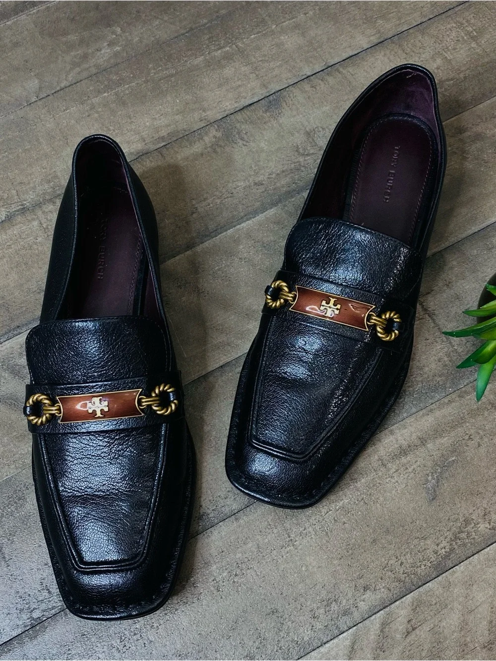 Tory Burch Size 9.5 Perrine Loafer Shoes Square Toe Logo Leather Perfect Black